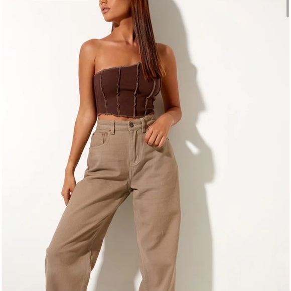 Motel Rocks Rara Crop Top In Rib Deep Mahogany With Brown Stitching - Picture 3 of 9